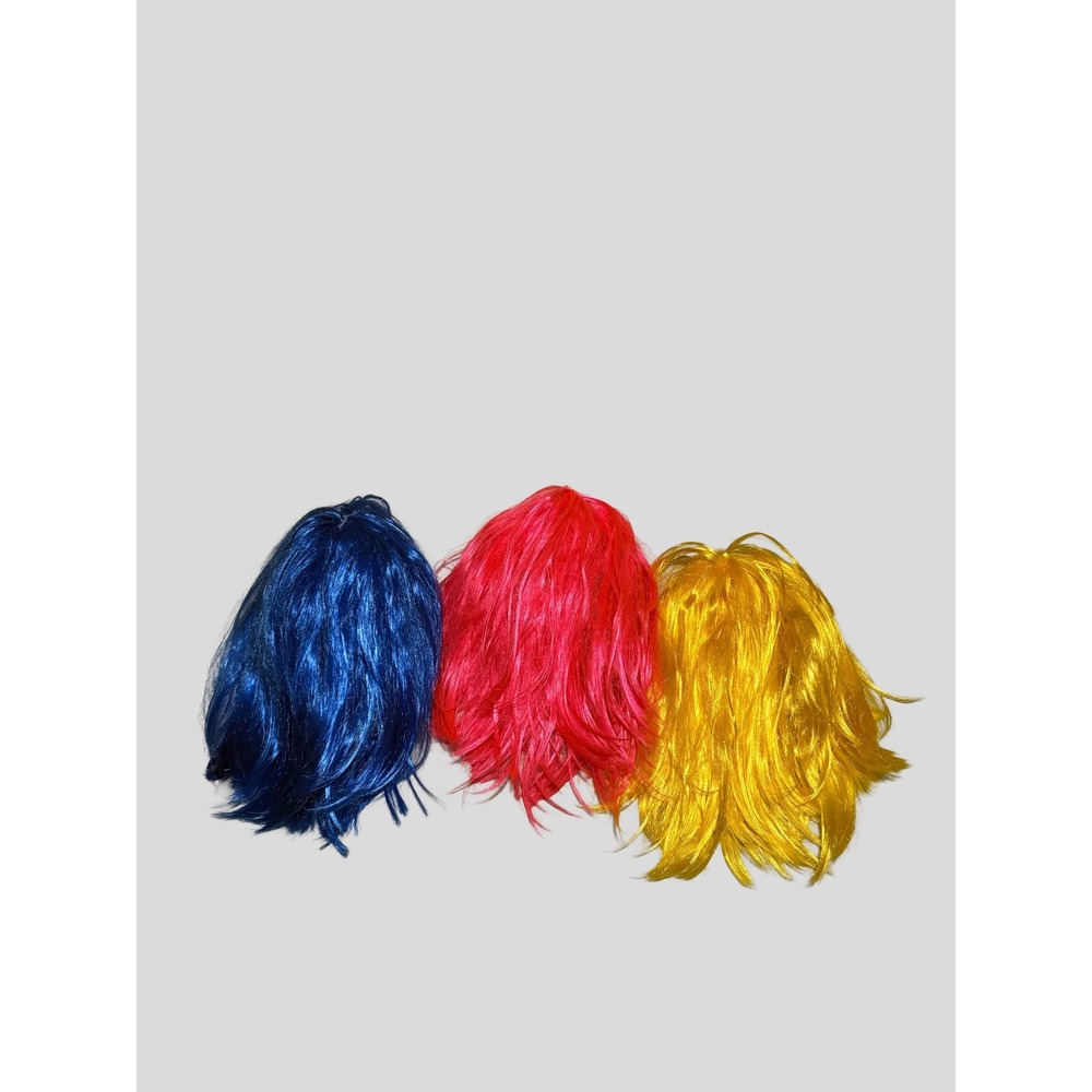 Set of 3 Neon Costume Wigs Blue Pink Yellow Shaggy Bob Cosplay Halloween 12in